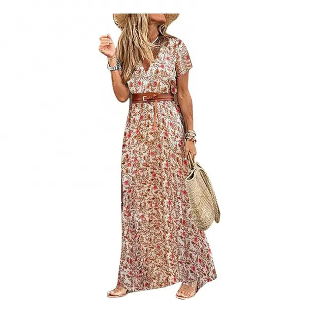 Helena - Florales Maxikleid mit Gürtel in Braun
