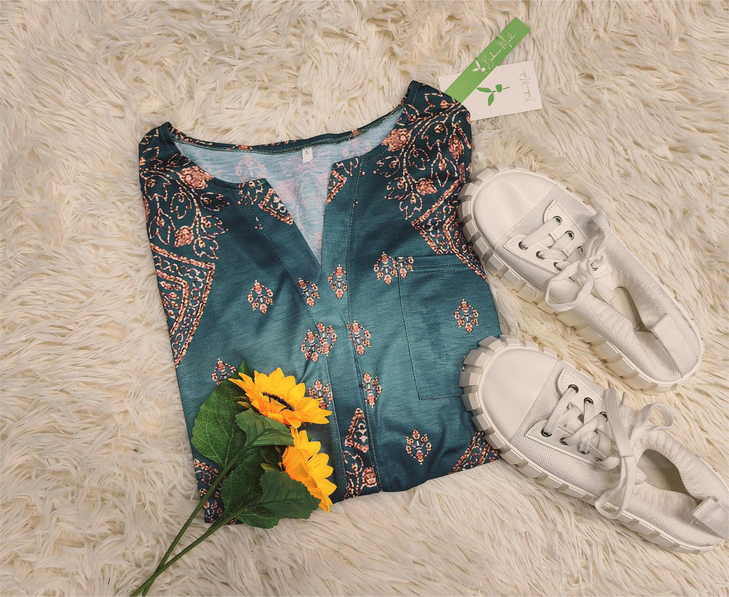 Even&Vil® - Smaragd Salbei Grün Luxe Print Tunika Bluse Top
