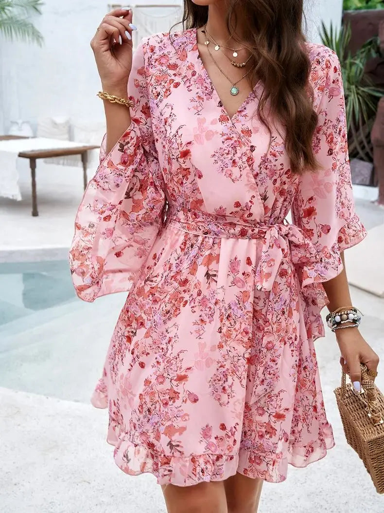 Mia - Blaues Chiffon Minikleid im Boho-Stil