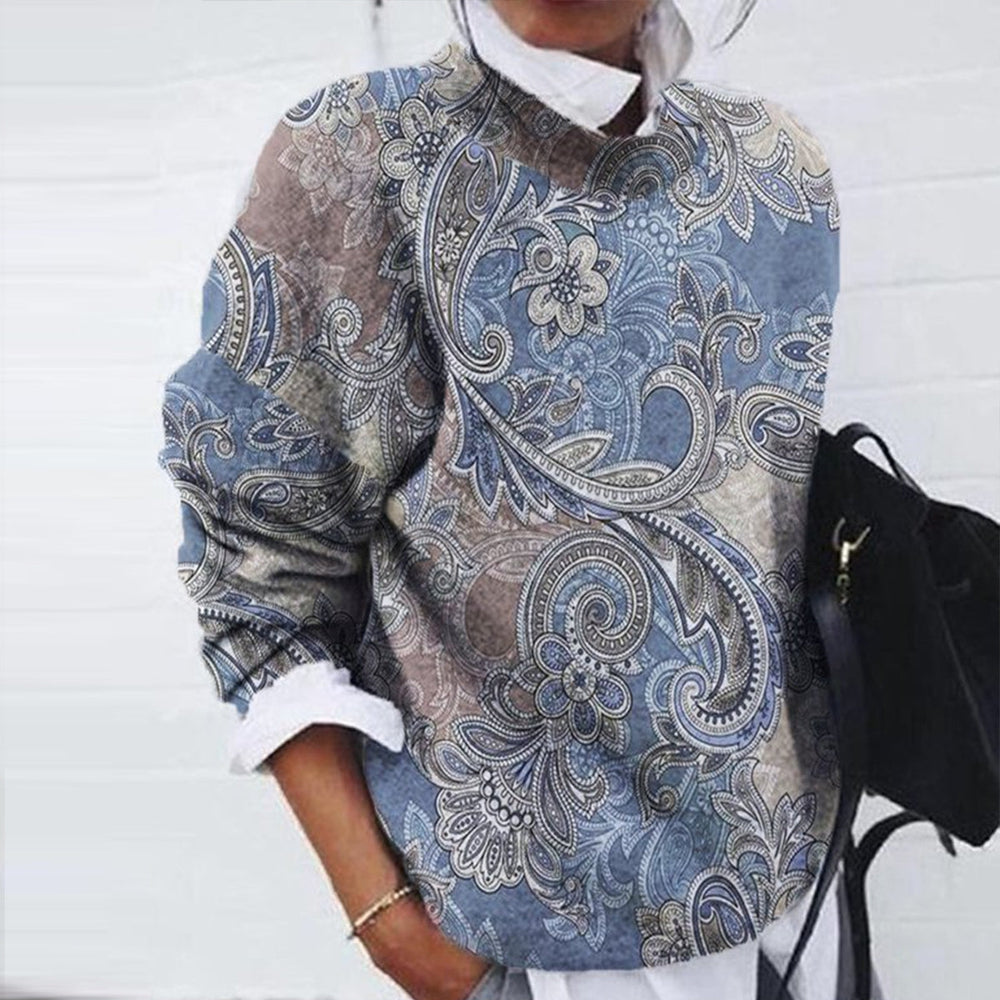 FallStil® - Modernes langärmeliges Top mit blauem Druck