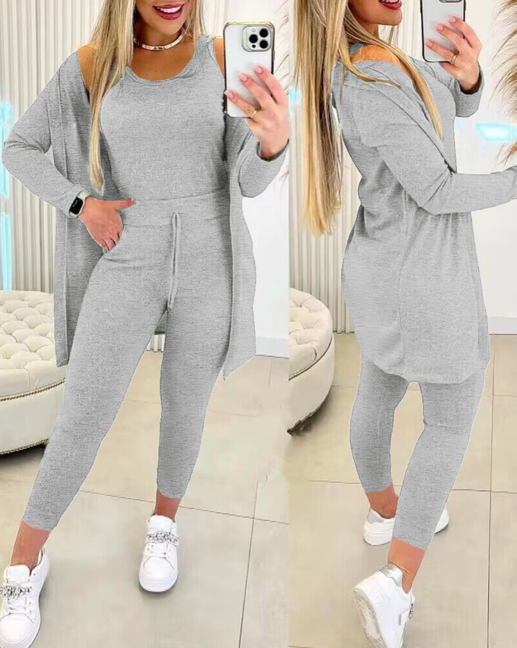 Jella - 3-teiliges set mit rundhals-top, hose und cardigan