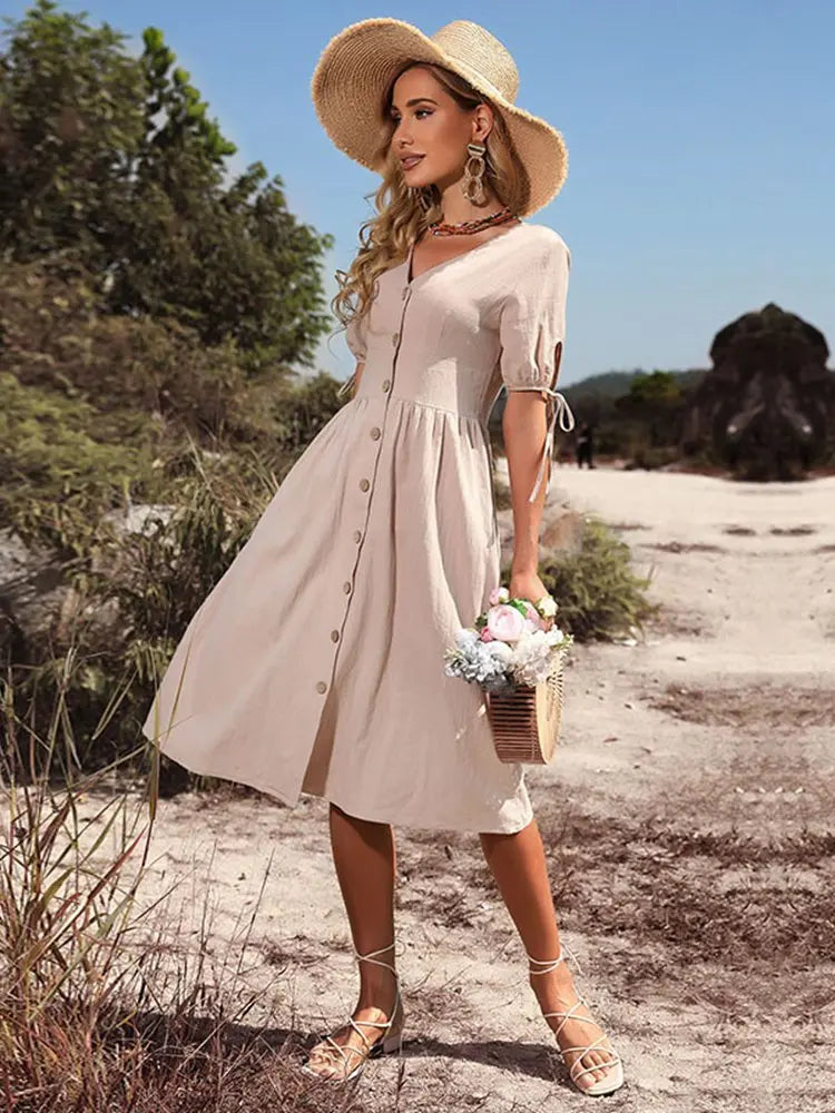 Frühjahr/Sommer-Kleid mit V-Ausschnitt aus Baumwolle - Annelies