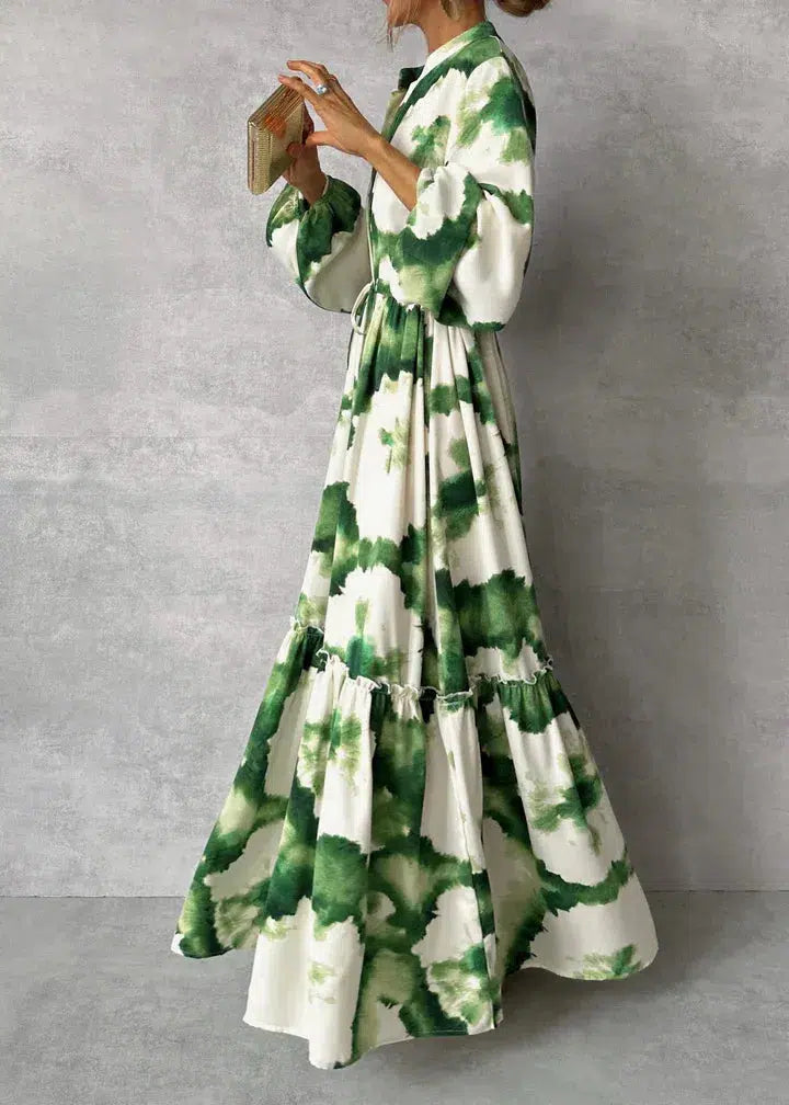 Charlotte – grünes, langärmliges Maxikleid mit V-Ausschnitt