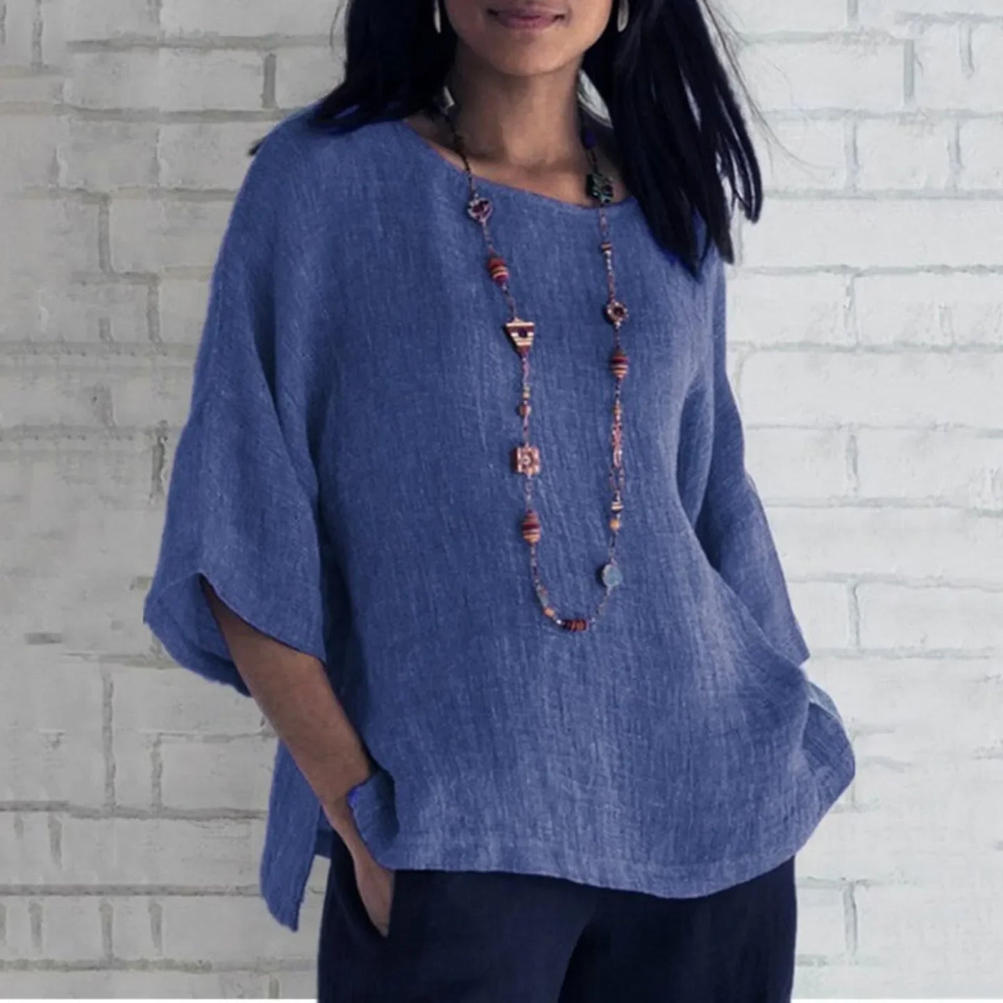 Blaues Leinen-Shirt mit Weiten Ärmeln - Clara