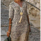 PureWear® - Bedrucktes langärmeliges Vintage-Kleid mit V-Ausschnitt