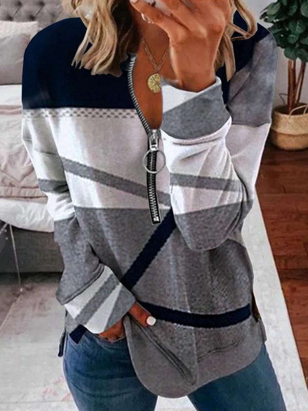 FallStil® - Graues Zick-Zack-Streifen-Top mit Reißverschluss