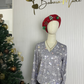 WinterTrend® - Silber Metallic Disco Flitter Druck V-Ausschnitt Langarm Top