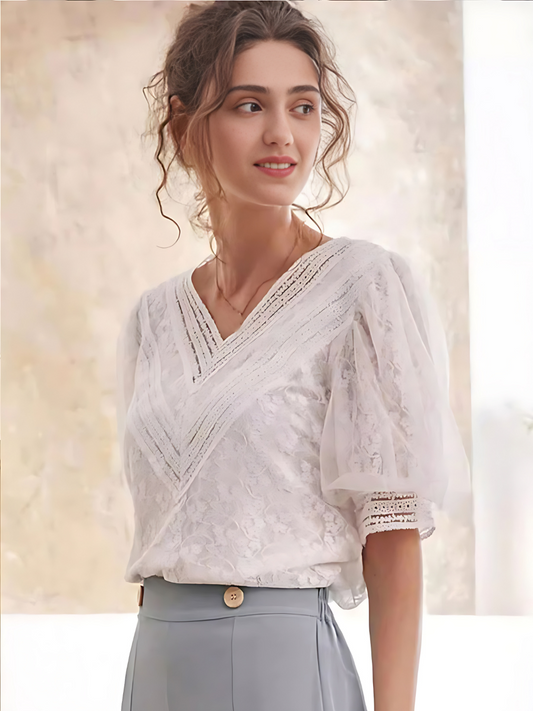 Retro Spitze Puffärmel Chiffon Bluse - Brianna