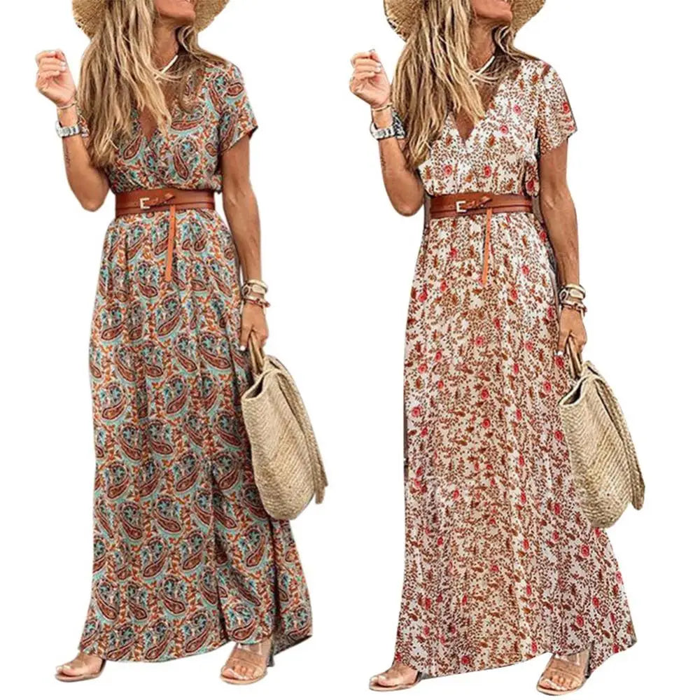 Helena - Florales Maxikleid mit Gürtel in Braun