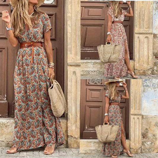 Helena - Florales Maxikleid mit Gürtel in Braun