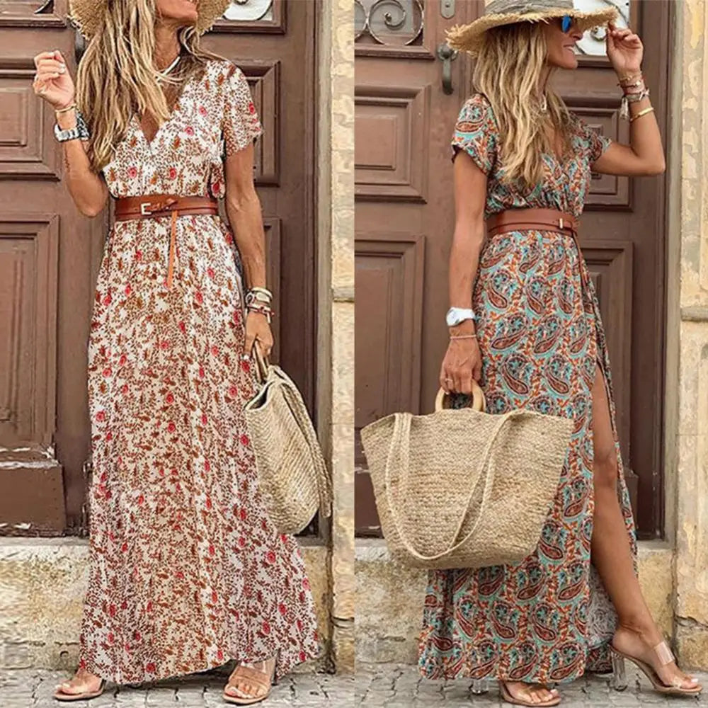 Helena - Florales Maxikleid mit Gürtel in Braun