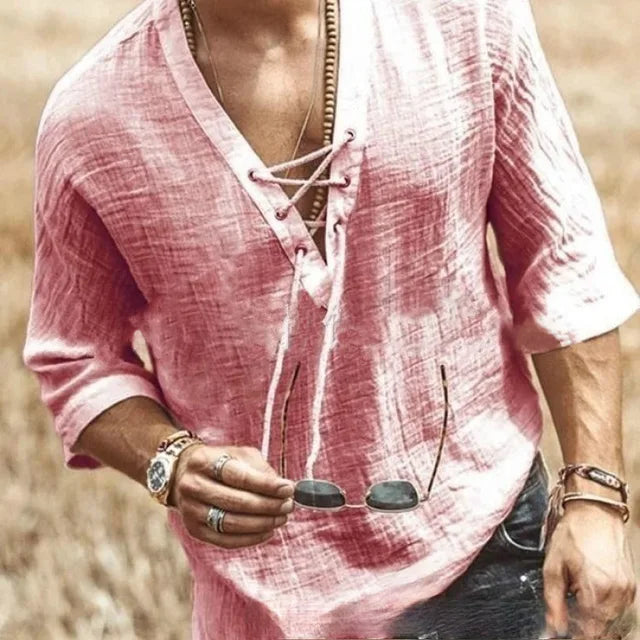 Liam - Boho Black Lace-Up Shirt