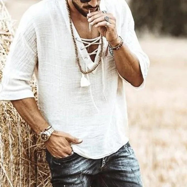Liam - Boho Black Lace-Up Shirt