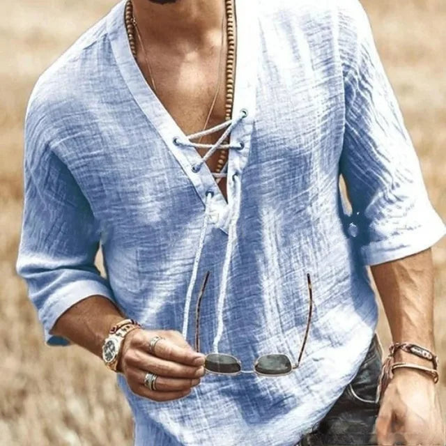 Liam - Boho Black Lace-Up Shirt