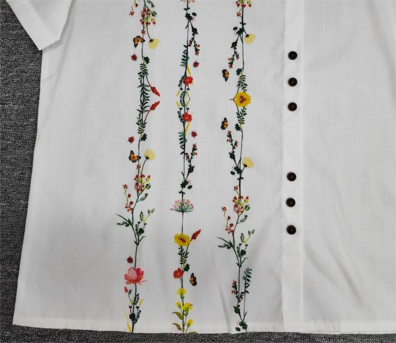 FallStil® - Weißes Floral Vine Kurzarm-Top mit Rundhalsausschnitt