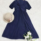 SpringStil® - Marineblaues einfarbiges Midikleid mit kurzen Ärmeln