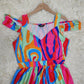 SpringStil® - Bunter Wirbel Kaltes Schulterkleid mit hohem Schlitz Maxikleid