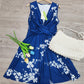 FallStil® - Weißes Kirschblüten-Königsblau Midikleid mit verdrehter Front