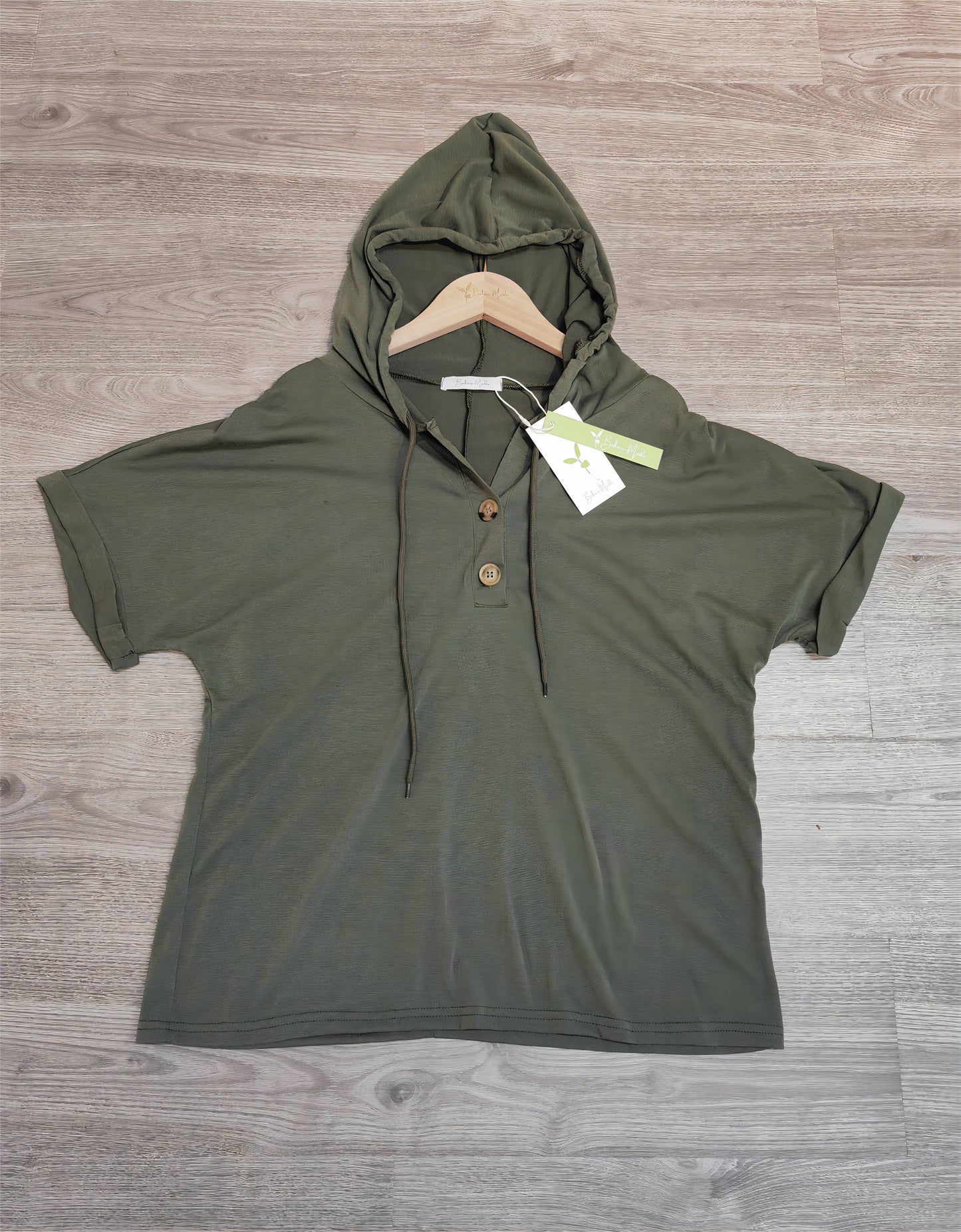 PureWear® - Grüner einfarbiger Kurzarm-Kapuzenpullover