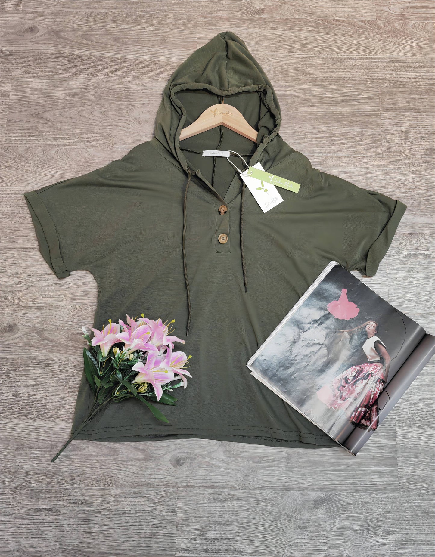 PureWear® - Grüner einfarbiger Kurzarm-Kapuzenpullover