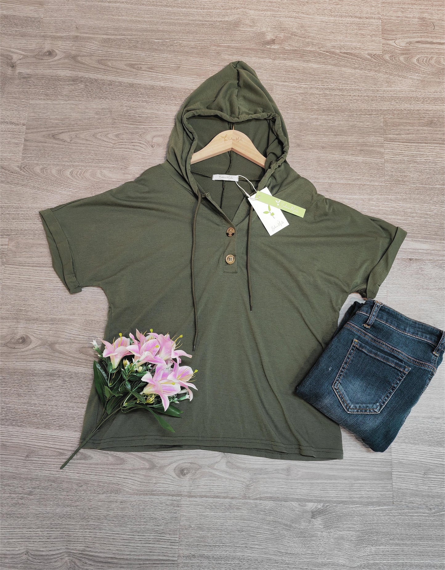 PureWear® - Grüner einfarbiger Kurzarm-Kapuzenpullover
