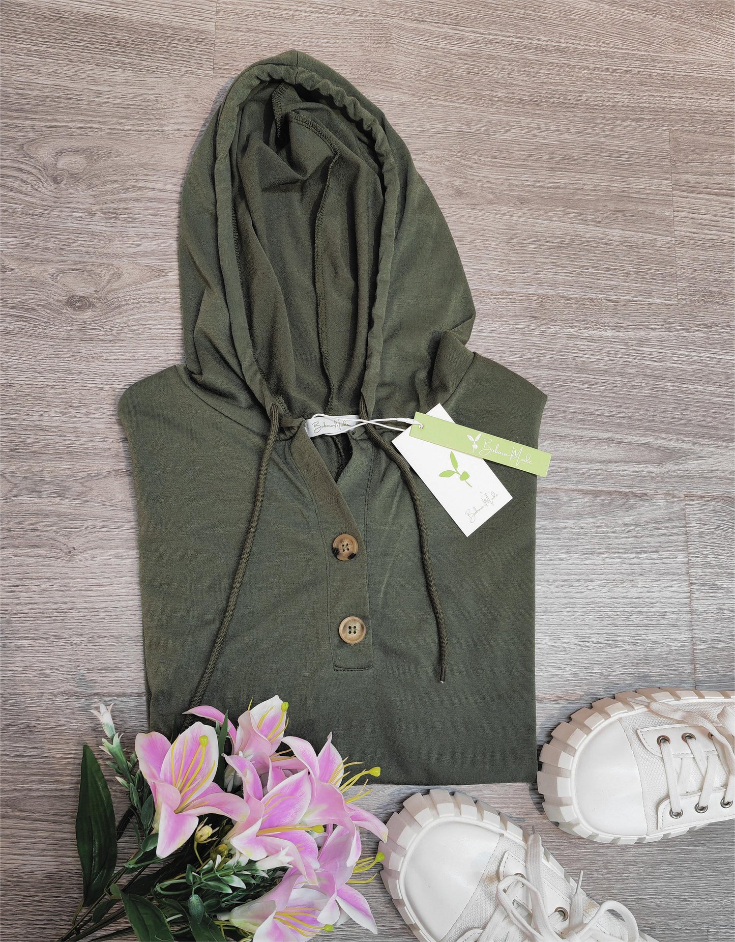 PureWear® - Grüner einfarbiger Kurzarm-Kapuzenpullover
