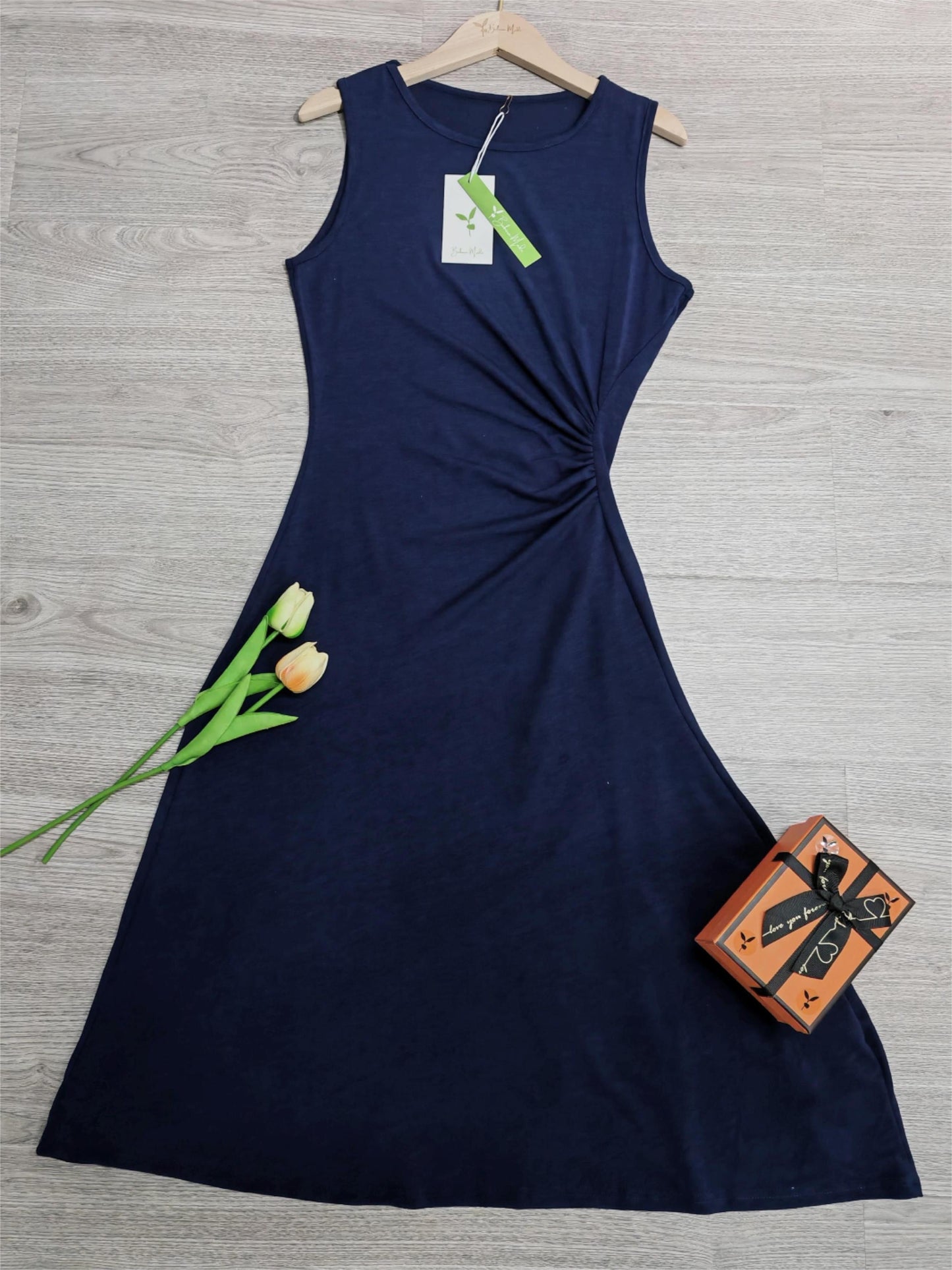 FallStil® - Marineblaues einfarbiges ärmelloses Midikleid