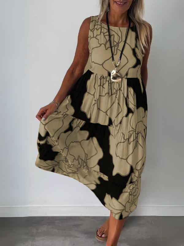 Helena - Asymmetrisches Blumenkleid Beige & Schwarz