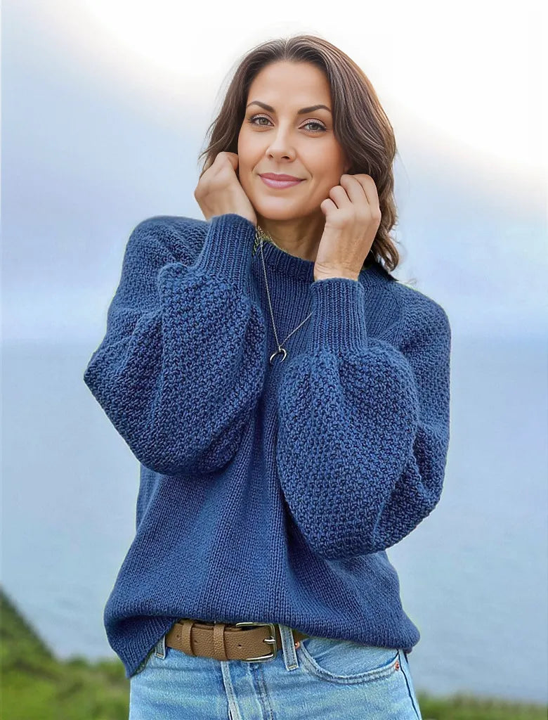 Even&Vil® - Wunderschöner einfarbiger blauer Pullover mit Ballonärmeln