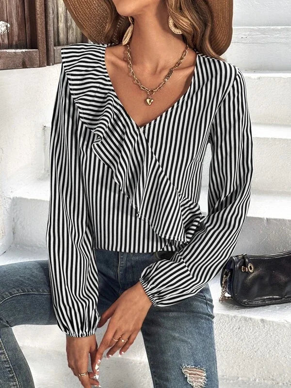 FallStil® - Gekräuseltes schwarz-weiß gestreiftes langärmeliges Top