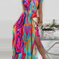 SpringStil® - Bunter Wirbel Kaltes Schulterkleid mit hohem Schlitz Maxikleid
