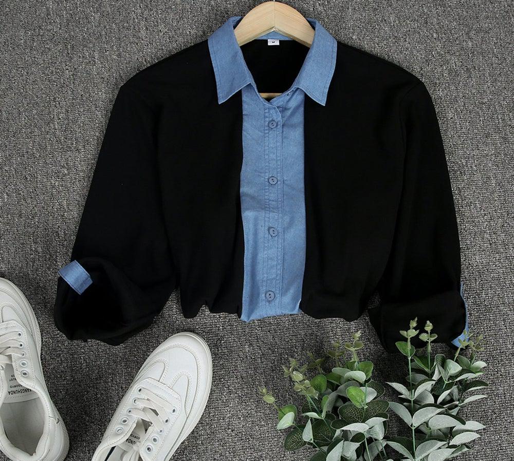Even&Vil® - Zwei Looks in 1 Denim Schwarze Bluse
