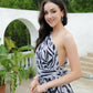 SpringStil® - Weiß Schwarz Zebra Print Asymmetrisches Maxikleid mit Frontschlitz