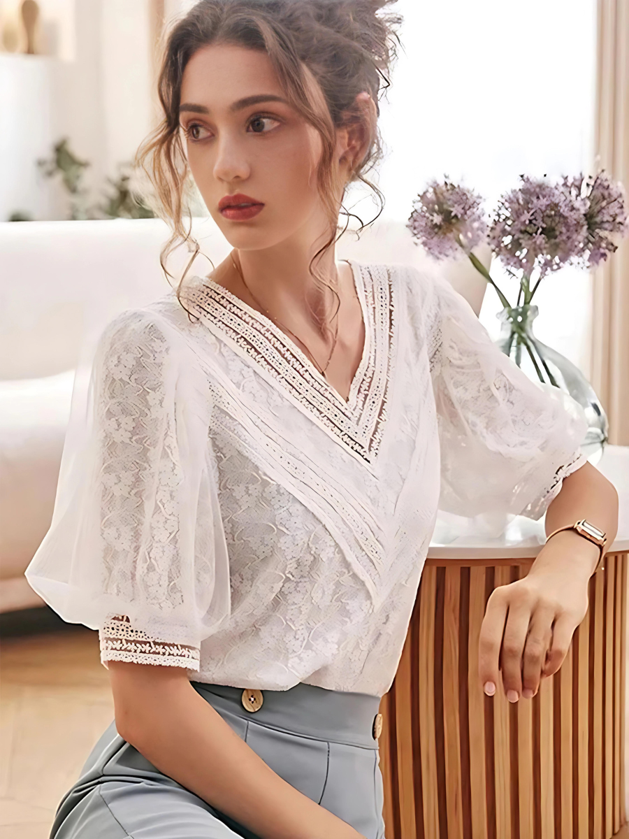 Retro Spitze Puffärmel Chiffon Bluse - Brianna