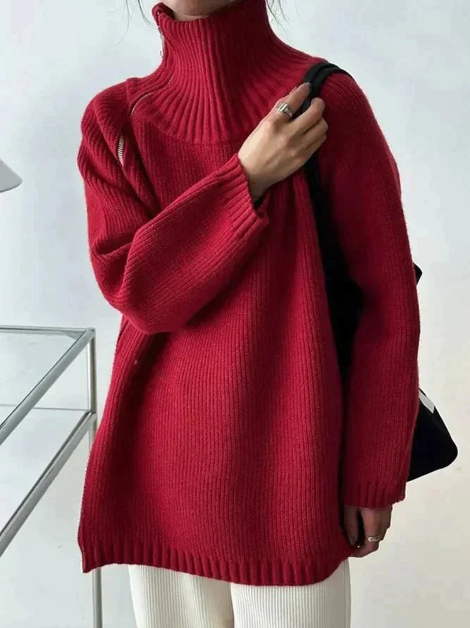 Scarlet | Roter einfarbiger Pullover mit hohem Halsausschnitt