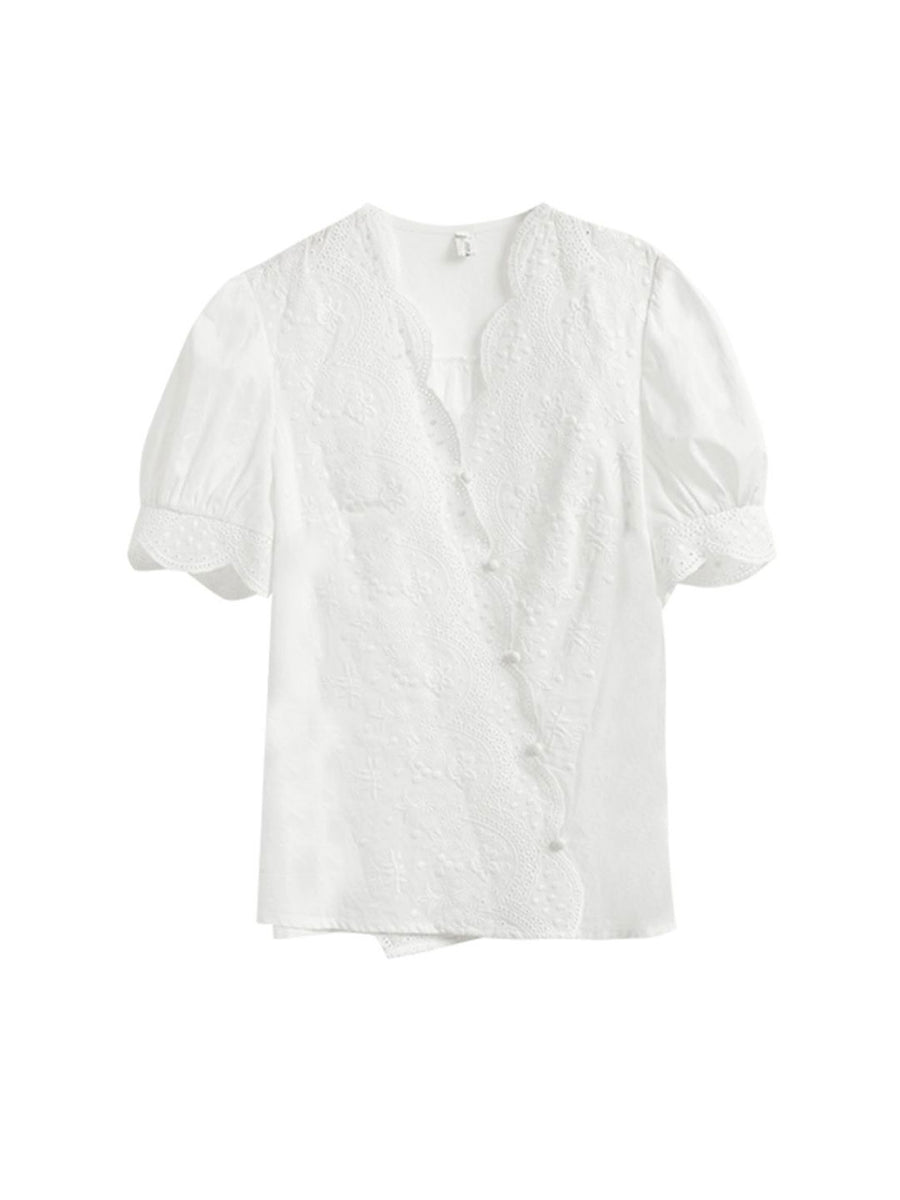 Retro V-Ausschnitt Besticktes Chiffonhemd - Ylana
