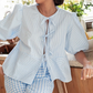 Gabrielle - Damen Hemd mit Streifenmuster und Schnürung vorne: Ästhetisches Design mit Puffärmeln