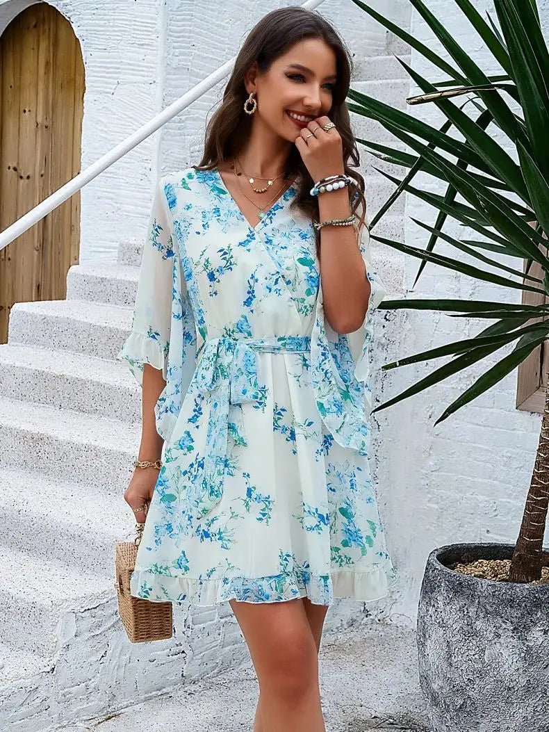 Mia - Blaues Chiffon Minikleid im Boho-Stil