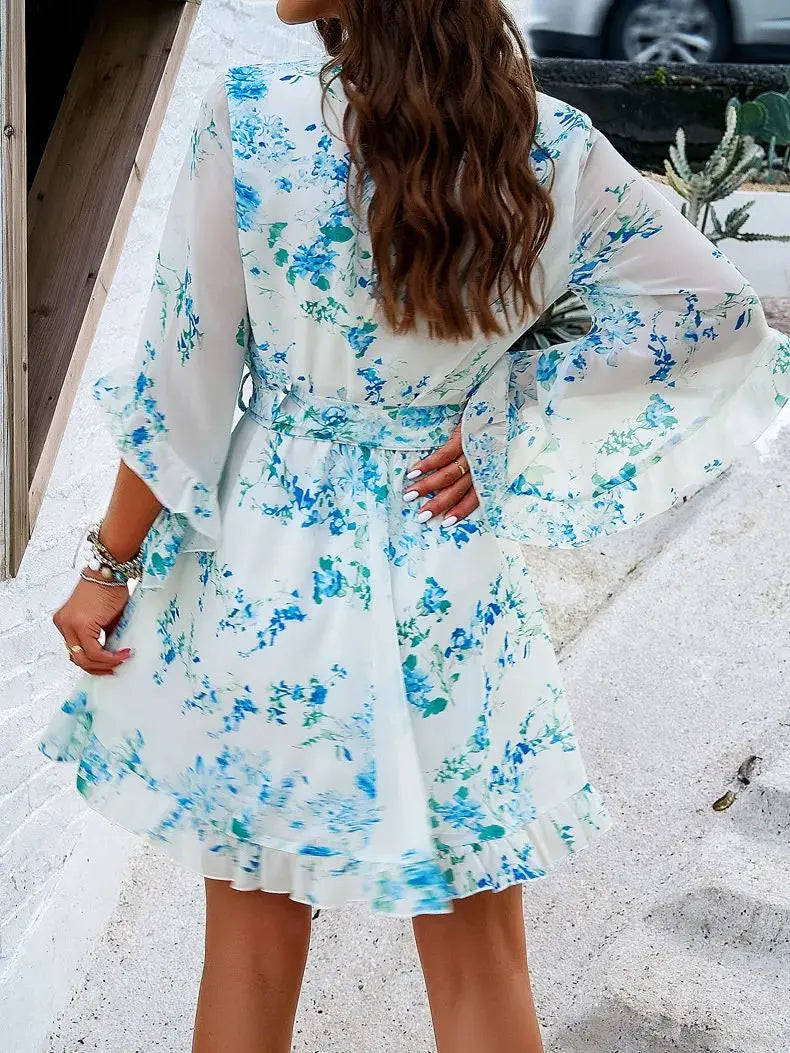 Mia - Blaues Chiffon Minikleid im Boho-Stil