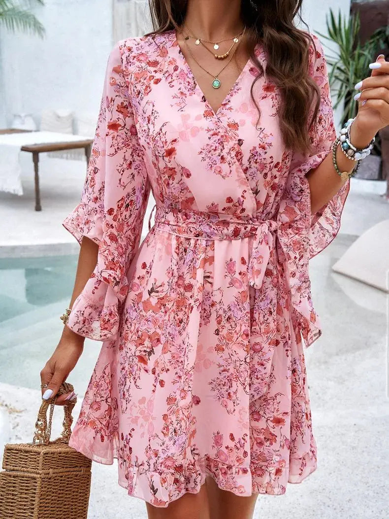Mia - Blaues Chiffon Minikleid im Boho-Stil