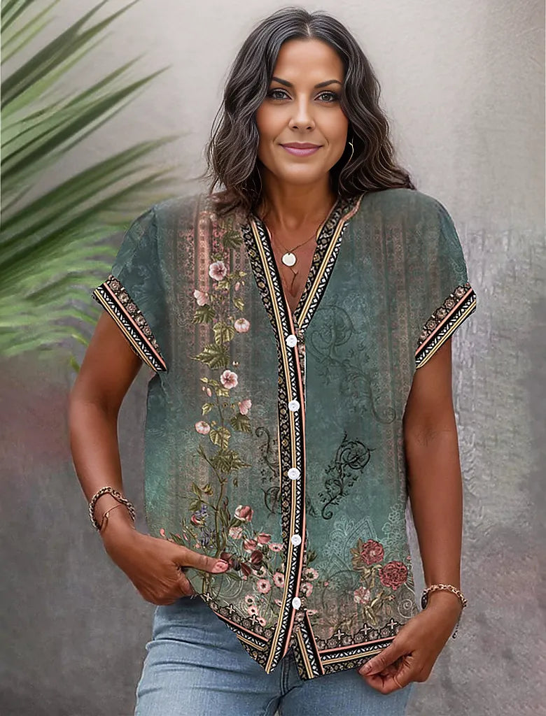 SpringStil® - Grüne Bluse mit Aquarell-Blumendruck