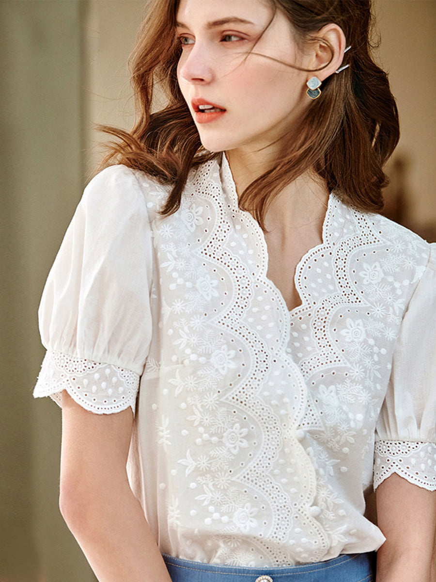 Retro V-Ausschnitt Besticktes Chiffonhemd - Ylana