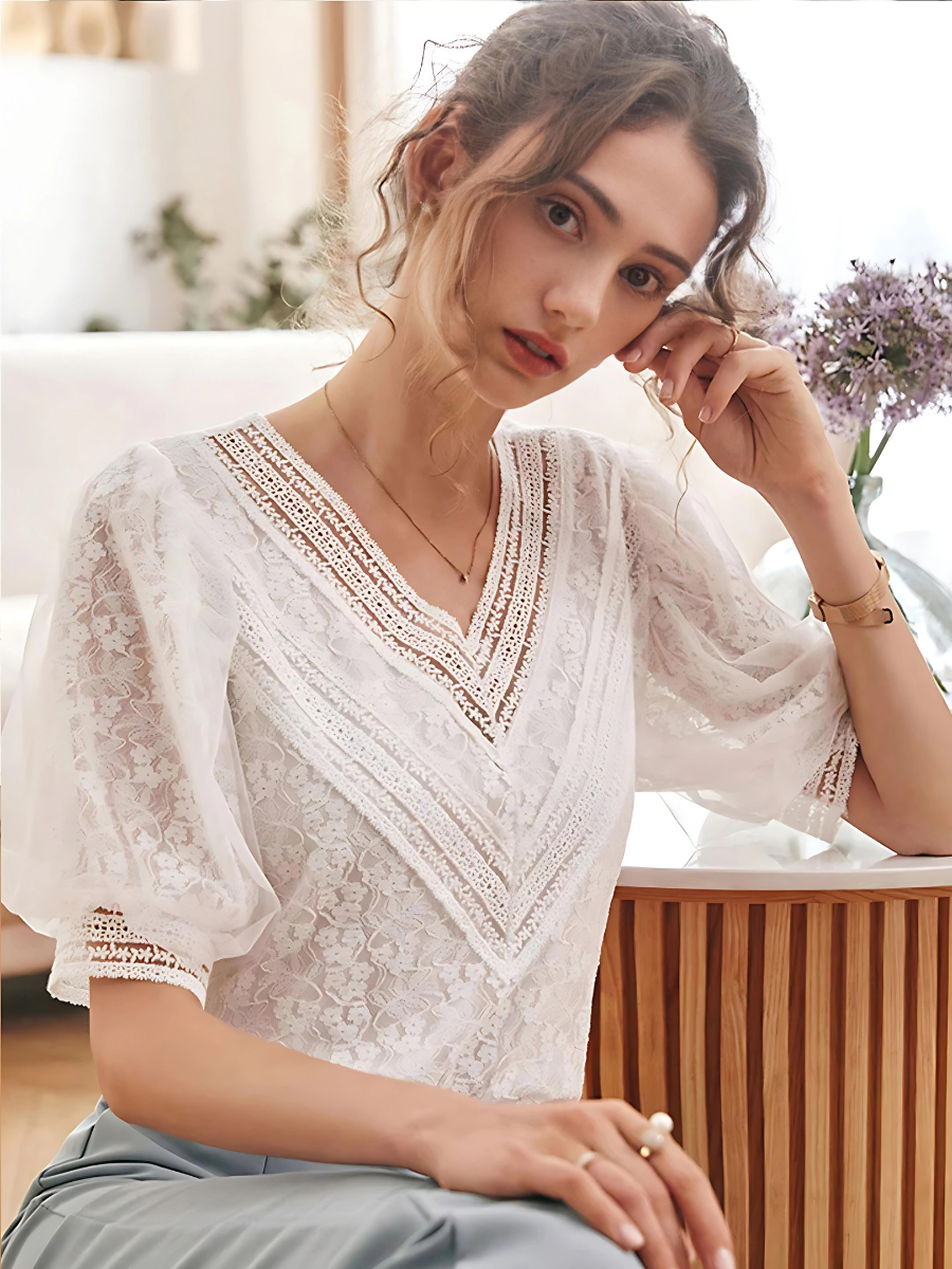 Retro Spitze Puffärmel Chiffon Bluse - Brianna