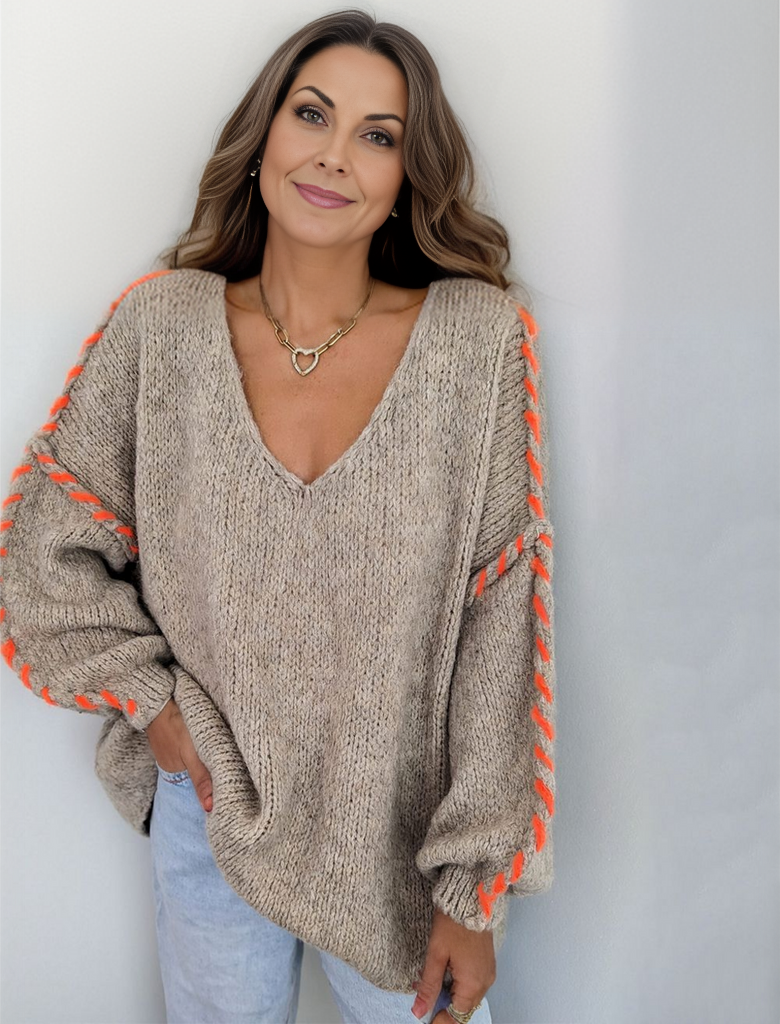 HerbstTrend® - Langärmeliger Pullover mit V-Ausschnitt und Baggy-Print