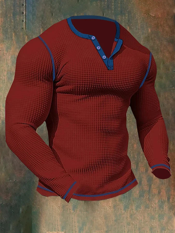 Lenn - Herren-Sport-Langarm-T-Shirt mit Waffelmuster und Henley-Kragen