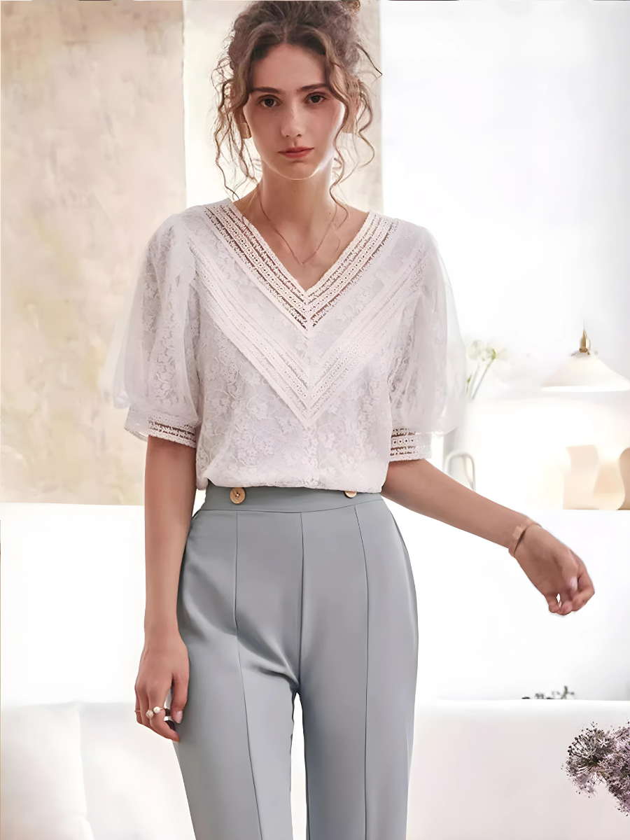 Retro Spitze Puffärmel Chiffon Bluse - Brianna