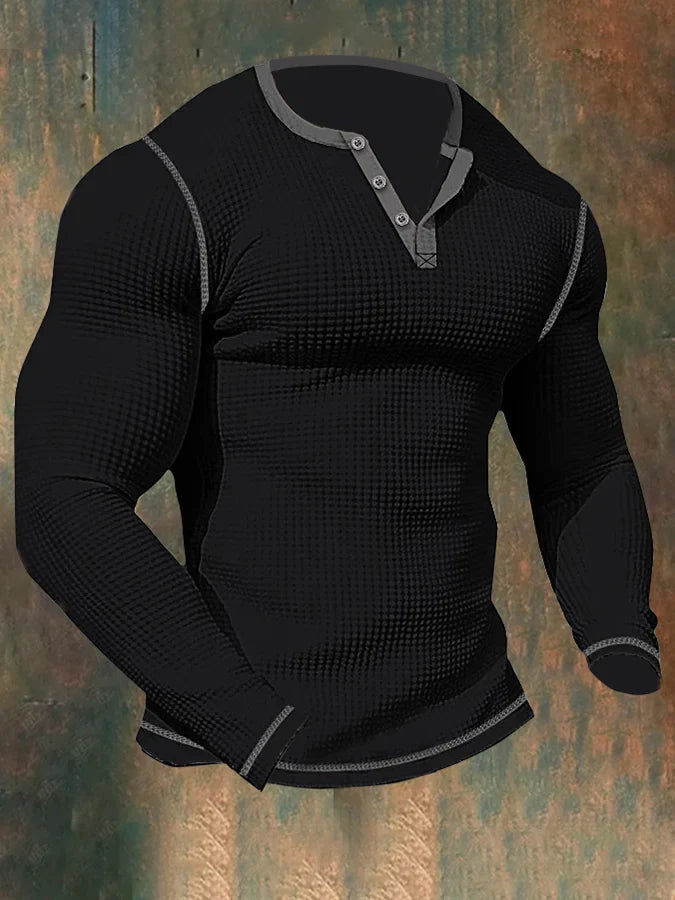 Lenn - Herren-Sport-Langarm-T-Shirt mit Waffelmuster und Henley-Kragen
