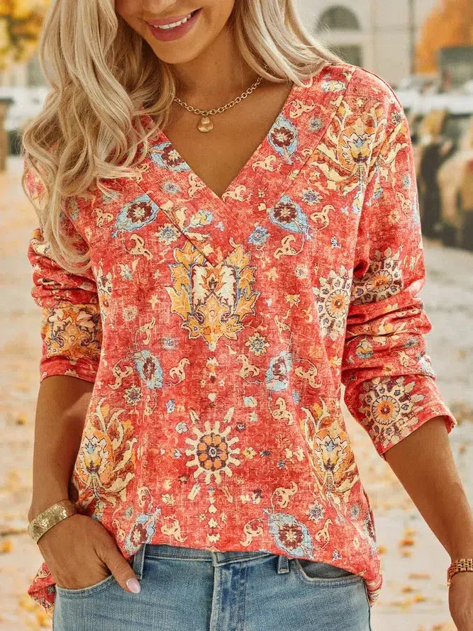 SpringStil® - Boho Sommer Blume Rot V-Ausschnitt Top