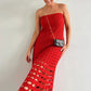 Gernalyn - Rustikales schulterfreies Patchwork-Maxikleid mit Ausschnitten