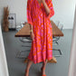 PureWear® - Rosa und orangefarbenes Midikleid mit geraffter Knopfleiste